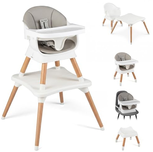 COSTWAY Trona Bebé 9 en 1, Trona Evolutiva con Bandeja Extraíble Apta para Lavavajillas, Patas de Madera, Cinturón de Seguridad de 5 Puntos y Cojín de Asiento, Silla Alta Convertible (Gris Claro)