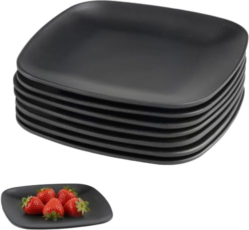 SKIPTHYBER 10 Stück 14 × 14 cm Vorspeisen Teller Rechteckig Schwarz Matt, Schwarze Speiseteller Mezze Teller eckig, mehrweg, für BBQ, RV, Party, Picknick & Camping – Schwarz Matt