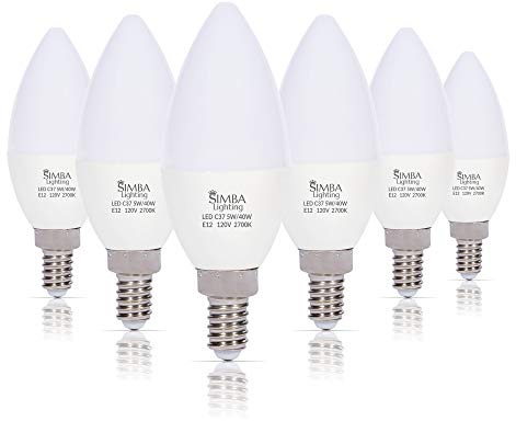 Simba Lighting LED Candelabra Light Bulbs B11 (C37) Candle Shape E12 Base (6 Pack) | Decorative 5W 40W Replacement 110V, 120V for Chandelier, Ceiling Fan, PC Cover, Non-Dimmable, Warm White 2700K