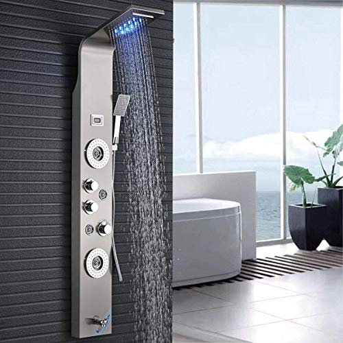 Pannello colonna doccia di alta qualità in acciaio Inox con indicatore di temperatura a LED Doccia idromassaggio con 4 getti Dotato di 5 funzioni Colore: Argento (nichel spazzolato)
