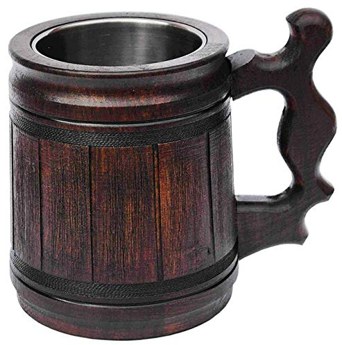 Etno Motif Handmade Beer Mug (10 OZ) Wooden Tankard Beer Stein Oak Wood Stainless Steel Cup Gift Natural Eco-Friendly Wooden Beer Mug with Metal Insert