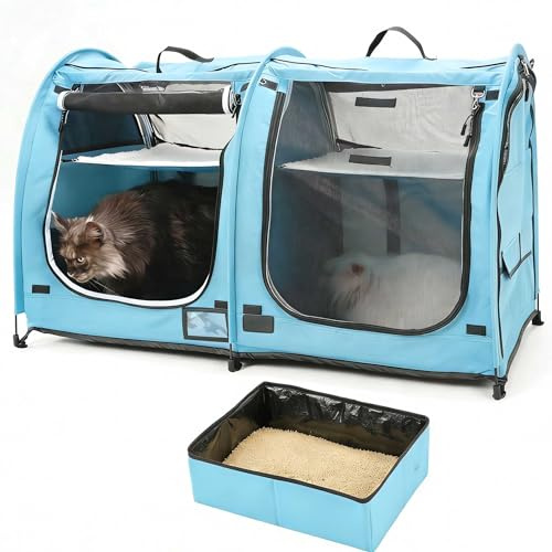 Mispace Katzenkäfig, tragbar, mit zwei Fächern, einfach zu falten und transportieren, bequem, für Welpen, Zuhause Hunde, tragbarer Tragetasche/zwei Hängematten/Matten zusammenklappbarer Katzentoilette
