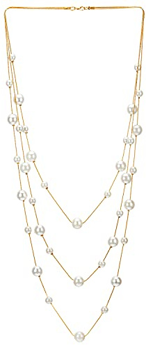 COOLSTEELANDBEYOND Gold Weiß Statement Halskette Drei Stränge Lange Kette mit Synthetische Perle Perlen Anhänger, Abendkleid Elegante