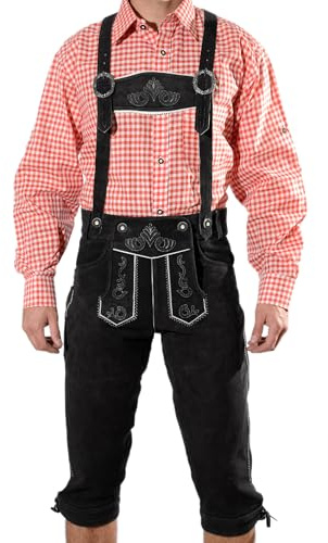 Bayerische Herren Trachten Lederhose, Trachtenlederhose mit Trägern, Oktoberfest in Schwarz Größe 52
