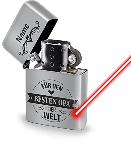 Benzin-Feuerzeug selbst gestalten - mit Name gravieren - Bester Opa auf der Welt - Sturmfeuerzeug mit Gravur, Benzin nachfüllbar I Personalisiertes Geschenk, Chrom-Optik