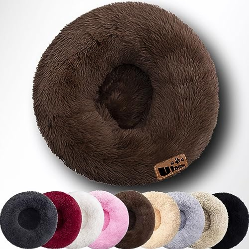 Ufamiluk hundebett katzenbett katzenkissen flauschig katzenkorb zum schlafen Katzenkörbchen waschbar kuschelbett Katzen kuschelbett rund Donut für Grosse mittelgroße kleine Hunde Katzen Ø50cm Braun