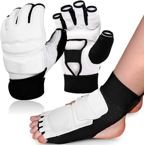 Taekwondo Handschuhe und Fußschutz Set, Boxhandschuhe Männer Damen Jugend Kickboxen Knöchelbandage, MMA Handschuhe Trainingshandschuhe für Boxsack Boxing Sports Training (Handschuhe/Fußschutz, XS)