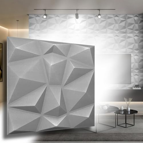 Eurodeco 3D Wandpaneele - 3D Wandverkleidung Paneele - Dekoren Deckenpaneele - Wanddeko Platten - Wandtattoos aus Polystyrol XPS Styropor - 50 x 50 cm, 3 mm Stärke, Diamant Grau, 12 Stück (3m²)