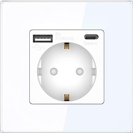 PULSAR Steckdose Unterputz mit USB-C, USB-A 1-Fach Weiß Glas - Schuko-Steckdose mit 20W Schnellladegerät - Einfachsteckdose 16A mit Kindersicherung 86x86mm