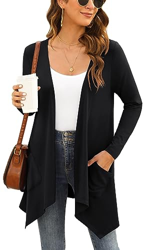 Yommay Strickjacken für Damen Elegante Langarm Damen Lässig Licht Cardigan High Low Saum mit Taschen,Schwarz,Groß