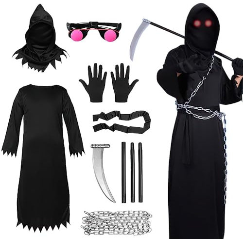 LUFEIS Costume Morte Halloween Bambino 8-12 Anni Con Occhiali Luminosi, Falce, Guanti, Cintura - Spaventoso