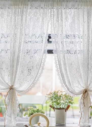 Yaland Jacquard Scheibengardine mit Blumenmuster 1 Stück HxB 145x140cm weiß | Spitzen-Kaffeevorhang mit Kräuselband Landhausstil Gardine mit floraler Borte für Küche, Café, Fenster, Glastür
