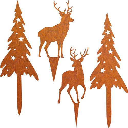 JYUECIAN Roststecker Tannenbaum und Hirsch Weihnachtsdeko 4 Stück Rost Gartenstecker Weihnachtsbäume Rentier Weihnachten Deko Draußen Herbstdeko Outdoor