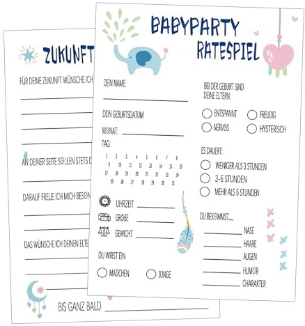 NHYDZSZ 30x Babyparty Spiele Karten zum Ausfüllen, Babyshower Tippkarten Deko für Junge Mädchen, Ratespiel für Gender Reveal Feier