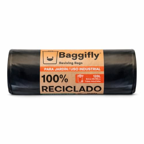 Baggifly, Bolsas de Basura 120L, 10 Bolsas Extra Resistentes, Más de 110kg, 100% reciclades, ECO Friendly, Uso Industrial, Jardín, Obra y Hostelería, Pack 1 x 10, Fabricado en España