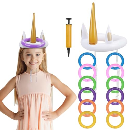 VIKILON 15 Stück Einhorn Ringwurfspiel Einhorn Aufblasbare Wurfspiel Kinder Einhorn Partyspiele Outdoor mit 12 Ringe 1 Luftpumpe für Mädchen Einhorn Party Mitgebsel Sommer Hawaii Camping