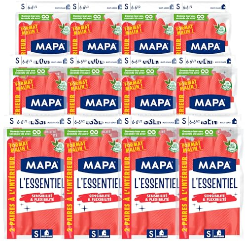 MAPA Spontex L'Essentiel - 24 Gants de Ménage en Latex intérieur Fibres de Coton - Sensibilité et Flexibilité - Revêtement antidérapant - 12 pack de 2 paires - Taille S