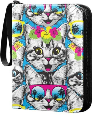 Kätzchen Katze mit Sonnenbrille Palmen Sammelkartenalbum 4 Taschen Kartenordner 50 Seiten 400 Karten PU Reißverschluss Kartenbinder Aufbewahrungshalter für Sportspielkarte