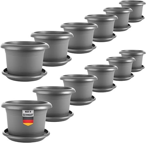 SUSTANIA Lot de 12 pots de fleurs pour l'extérieur - 30 cm de diamètre - Grands pots à tomates - Avec soucoupe en plastique - Résistants aux intempéries - Pour jardin, balcon, terrasse - Anthracite