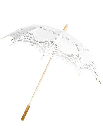 COFI 1453 Handgemachte Brautschirme mit Spitze für Hochzeitfeier mit robustem Holzgriff Weiß
