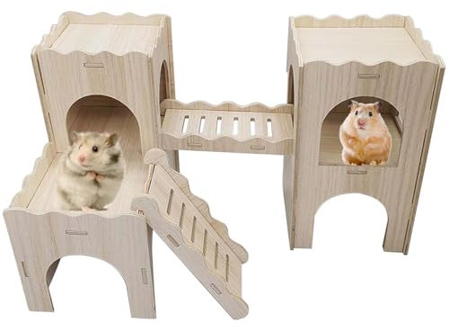 GOMETY Groß Meerschweinchen Haus, Mehrkammernhaus Hamster Haus Holz, Spielplatz Hamster Versteck Hamsterhaus Treppe Spielzeug Hamster Zubehör Meerschweinchen Spielzeug Haus für Zwerghamster Rennmäuse