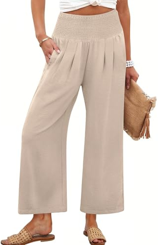 ANRABESS Womens Pants Wide Leg High Waisted Palazzo Pants Summer Flowy Beach Lounge Casual Trousers with Pockets Almond Medium