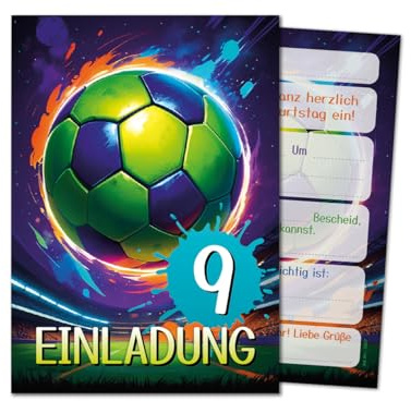 12 Einladungskarten zum 9. Kindergeburtstag Jungen Jungs Mädchen Fussball Fußball coole bunte Einladungen neunte Geburtstag Kinder Jungsgeburtstag Soccer Kinderparty Teens Geburtstagseinladungen