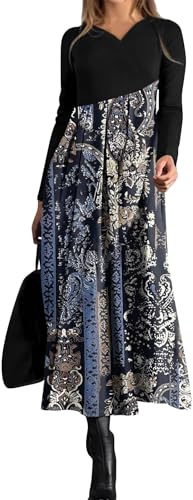 Femme Robe à Manches Longues Bohème Robe à Col V Mi-Longue Robe Vintage Imprimée