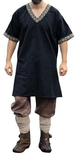 Leonardo Carbone® Tunica Vichinga Loki Da Uomo, Costume Medievale, Abbigliamento LARP, 100% Cotone, Nero, XXL