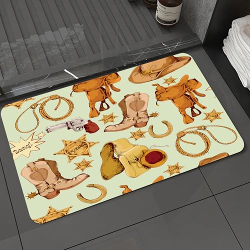 KDWJS Badematte rutschfest Super Absorbierende Badezimmerteppich,Waschbar Duschvorleger,Badewannen undBadezimmer,Western-Dekor, Wild-West-Cowboy, nahtloses Muster mit Lasso, Pferdesattel, S,40x60 cm
