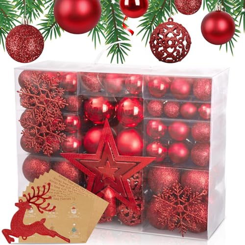 Votoko 141 Set di Palline di Natale Infrangibili, include 127 Palline Albero di Natale Diametro 3,4,6 cm, Palle Natalizie in plastica adatte per decorazioni natalizie da interno e da esterno(Rosso)