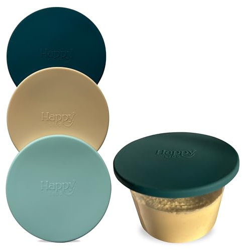 3 x Lids for UK Supermarket Dips | HAPPY LIDS | Food Safe Silicone | 10cm diameter pots | Houmous, Guacamole, Tzatziki, Sour Cream & more | Fridge & Dishwasher Safe