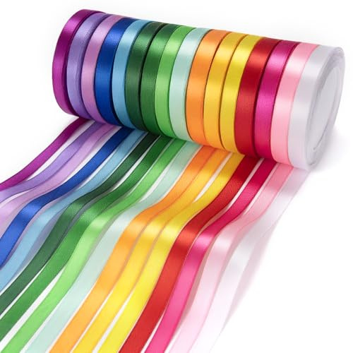 KICNIC Satinband Bunt, 16 Fraben, 10mm Breit (22M) | Geschenkband, Schleifenband zum Basteln, Seidenband, Satin Ribbon, Hochzeit, Maibaum, Autoschmuck, Tischdeko & DIY