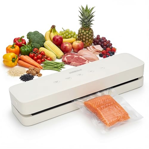 Löwenthal® Vakuumiergerät | Mit 5 Vakuumbeuteln | Eingebautes Messer | Exklusive Funktion | Breite Schweißleiste | Schweißgerät | Vakuumierer | 37,2x9,5x6,2 cm | Weiß