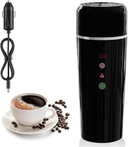 Car Electric Kettle, 12V/24V 420ml Portable Water Boiler Cup with Temperature Adjustable, IPX7 Waterproof 304 Stainless Steel Liner with Cigarette Lighter, Built-in Magnetic Induction Stirring