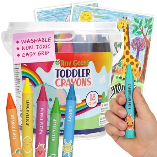 TinyGeeks Pastelli a Cera Jumbo per Bambini 3-8 Anni - 18 Pastelli per Neonati/Bambini 3-4 Anni - Con Fogli da Colorare Stampati - Lavabili, Non Tossici e Facili da Impugnare - Perfetti per l'Aula