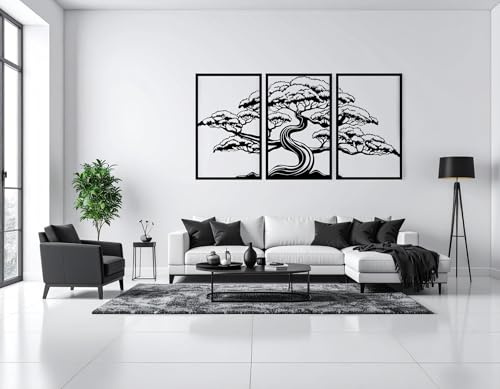 Kajaro Bonsaibaum Wandbild Holz 3-teilig 3D, 1480x800 mm, selbstklebend | Gratis: zweites kleineres Bild. Selbstklebende Holz-Wanddeko in Metalloptik, einfache Montage ohne Bohren.