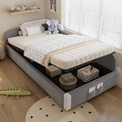 Dolamaní Jugendzimmer Kinder Bett 90x200 cm mit Hydraulisches Stauraum, Polsterbett Samt Bettrahmen mit Lattenrost aus Holz, Erhöhter weicher Zaun, Rechte Seitenplatte, ohne Matratze (Grau A)