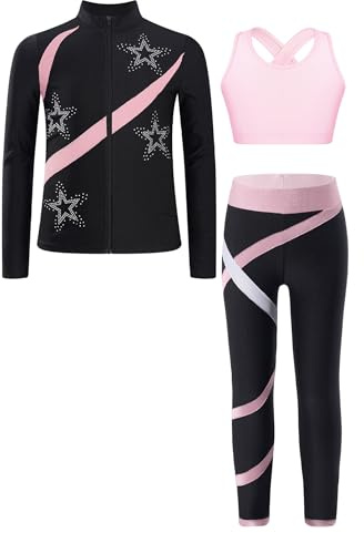 JIZYO Ensemble Survêtement Sport Fille Enfant 3 Pièces Sweat Zippé avec Legging et Débardeur Tenue Patinage Artistique Danse Fitness Yoga Rose 9-10 ans