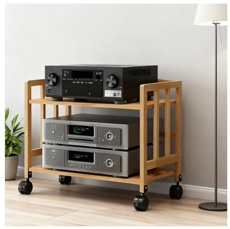 Wzmazingly Soporte De Multimedia De 2 Niveles con Ruedas Y Estantes Ajustables, Bambú Mueble HiFi Mueble Tocadiscos para Reproductores De DVD/Consolas De Videojuegos/TV Box(L55*W38*H53cm)