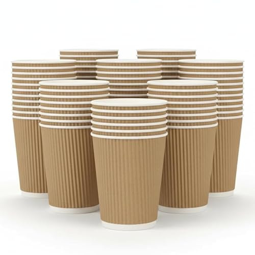 ZYBUX Disposable Coffee Cups, Kraft Paper Triple Layer Insulated for Hot Drinks, 8oz and 12oz, Packs of 50, 100 and 500 (8 Oz - 50 Cups)