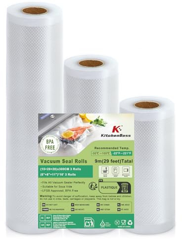 KitchenBoss Sacs d'emballage sous vide : 3 paquets de 15, 20, 28 x 300 cm, sacs sous vide sans BPA, pour conserver les aliments, congélateur, rouleaux de machine à emballer sous vide 12 m au total
