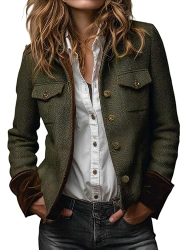 Blazer vintage en tweed à chevrons avec bordure en velours pour femme Coupe ajustée Classique Décontracté Bureau