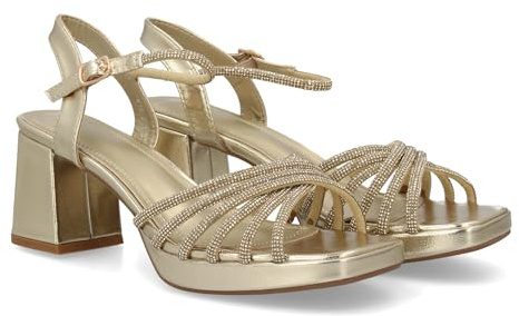 99551 Sandalia de Tacon Ancho Eventos, Celebraciones y Ocasiones Especiales. Pala de Tiras Finas Decoradas con Brillantes, Cierre de Hebilla, comodas para Mujer. Oro Talla 39