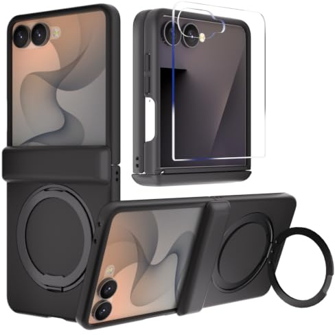 Fodral Kompatibel med Samsung Galaxy Z Flip 8, Transparent Svart | Ringhållare 360 Metall Magnetisk Ringen Mobilskal PC Silikon Skal