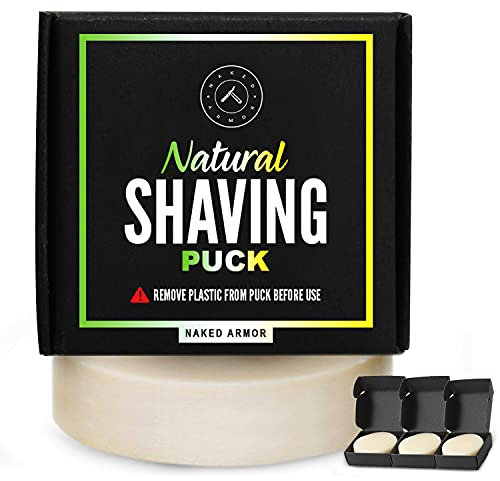 Naked Armor 3-Pack Natural Shave Soap Pucks - Wet Shaving Soap for Sensitive Skin - Organic Ingredients with Shea Butter & Eucalyptus - Premium Shaving Mug & Bowl Refill