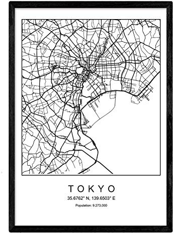 Nacnic Lámina Mapa de la Ciudad Tokyo Estilo nordico en Blanco y Negro. Poster tamaño A3 Sin Marco Impreso Papel 250 gr. Cuadros, láminas y Posters para Salon y Dormitorio
