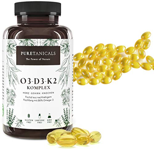 Omega 3 + Vitamin D3, K2 MK7 All-Trans mikroverkapselt - Premium Essentials O3-D3-K2 hochdosiert - Fischöl mit essentiellen EPA & DHA Fettsäuren | Fisch Öl Omega3 Fish Oil Tropfen | 240 Kapseln