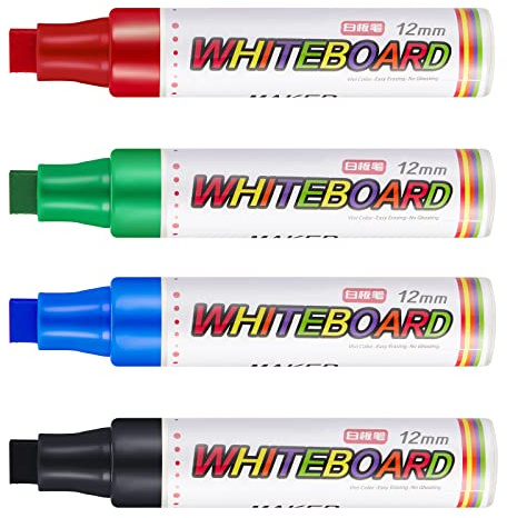 Gersoniel 4 Packs Extra Thick Dry Erase Markers Fine Point White Board Markers Dry Erase 12 mm Big Nib Erasable Pens for Glass, Window, Black Board, Mirror, Assorted Colors