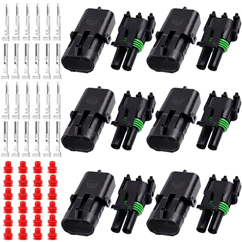 Swpeet 60Pcs 2Pin Male & Female Pin Waterproof Automotive Electrical Wire Connectors Terminals Plug with Rubber Cable Seal Assortment Kit, 22-14AWG Wire Harness Spark Plug Terminals Plug
